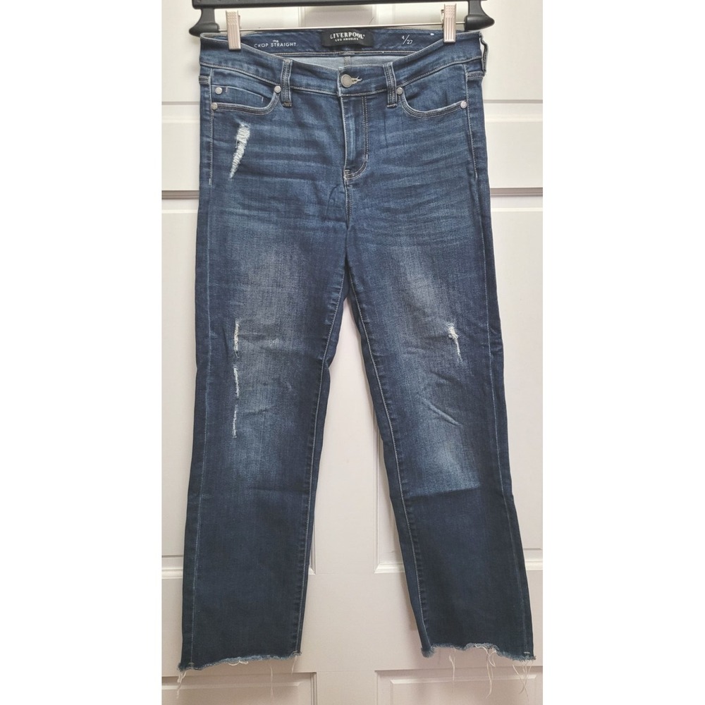 Liverpool Women's Crop Straight Leg Distressed Raw Hem Dark Wash Jeans - 4/27